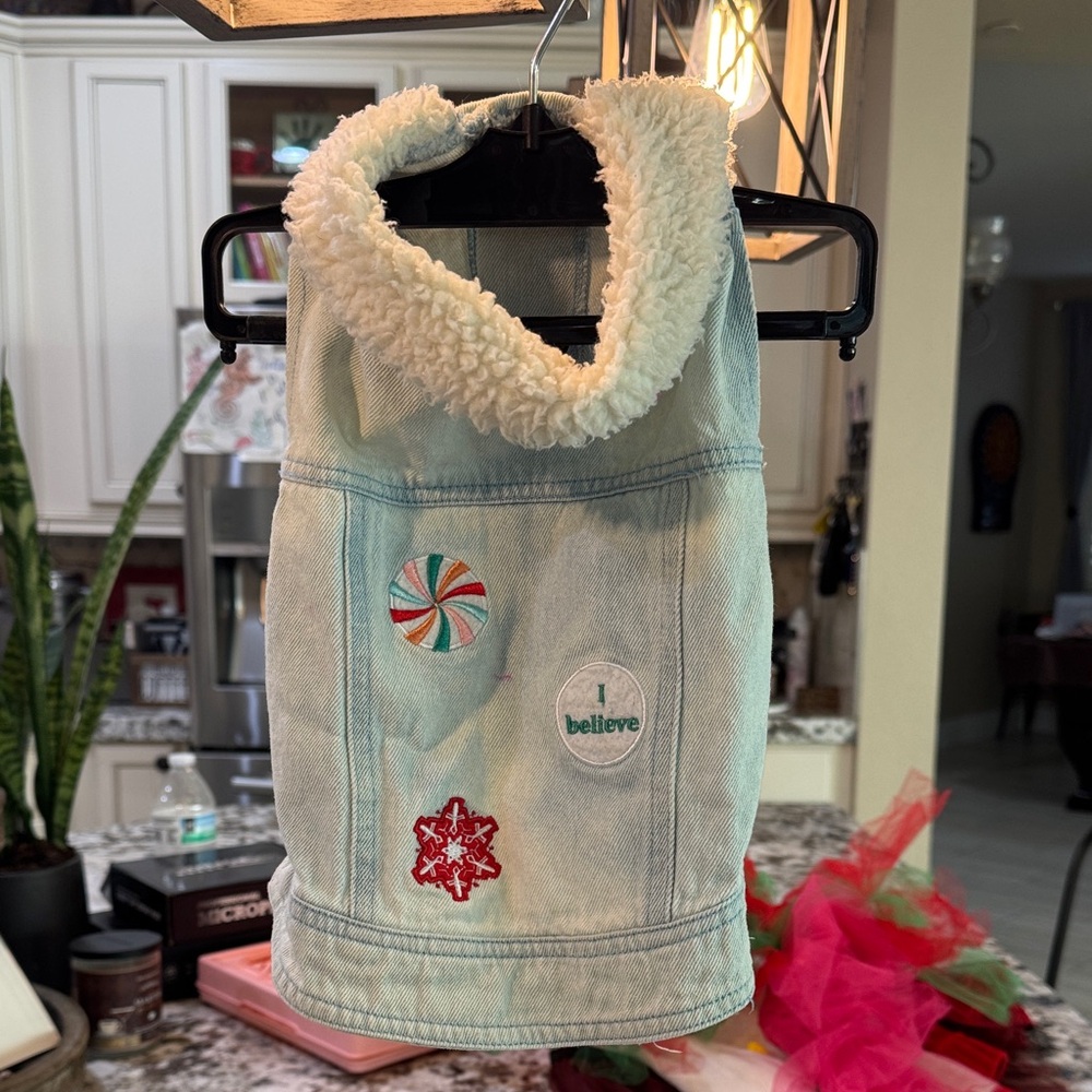 Denim Dog Vest with Patches and Sherpa Collar
